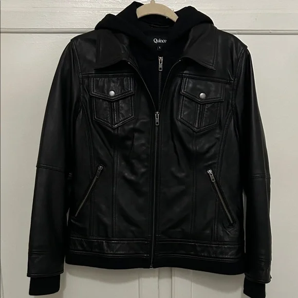 Quince NWOT Women's Black Leather Jacket with Hood - Picture 6 of 13